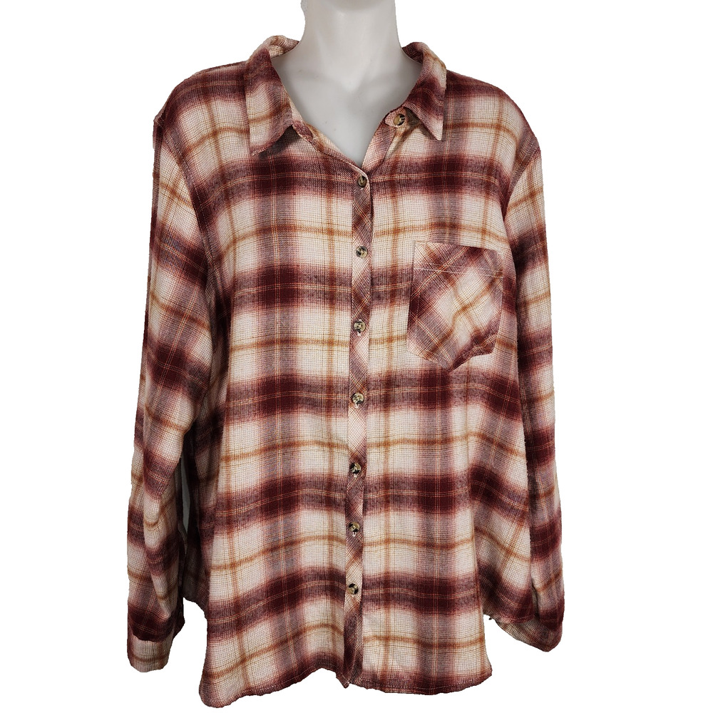 Maurices Women's Cabin Plaid Red Button Down Shirt XL Long Sleeve Relaxed Pocket